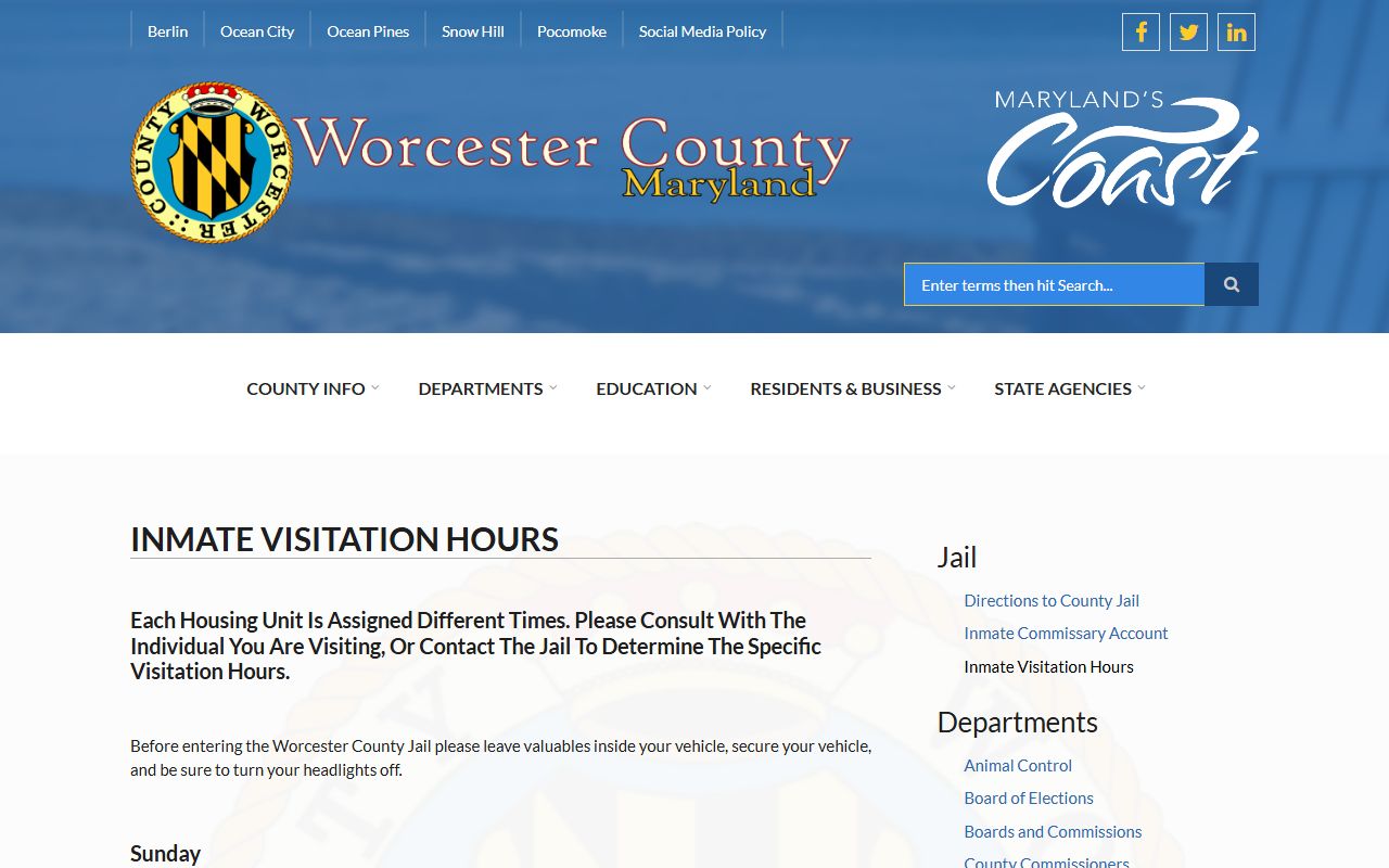 Worcester County Detention Center jail visitation schedule